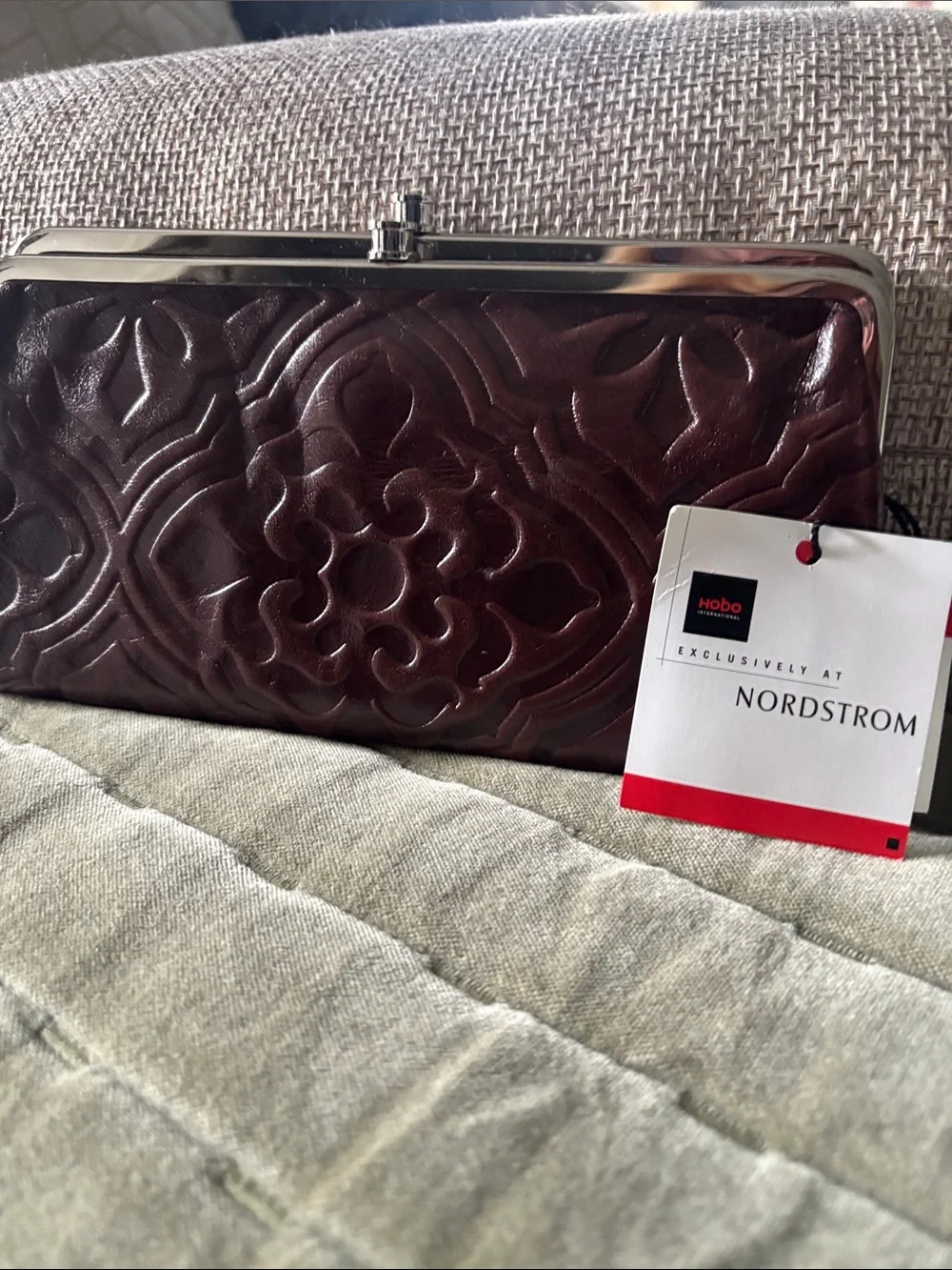 HOBO Lauren Embossed Floral Leather Kiss-Lock Clutch in Burgundy